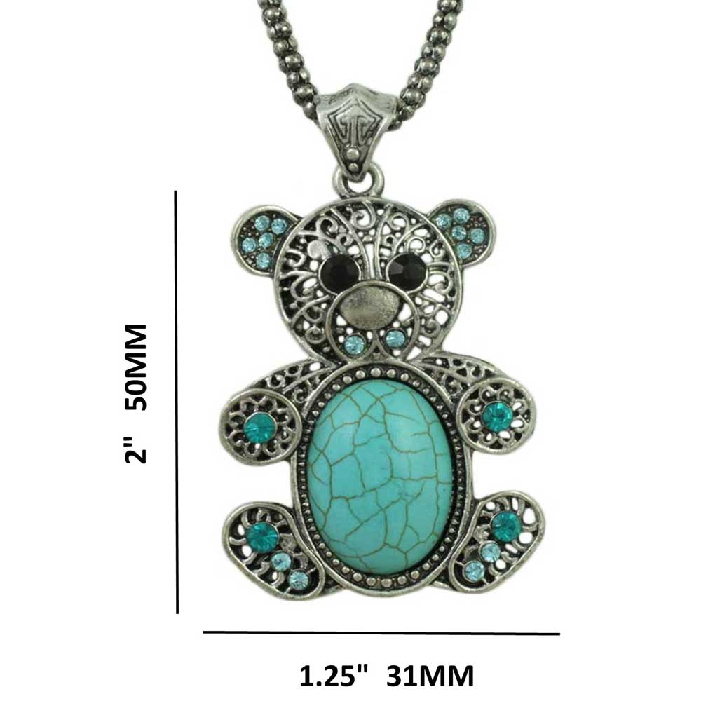 Large Turquoise Teddy Bear Pendant on Antique Silver Chain shown with measurements - Lilylin Designs