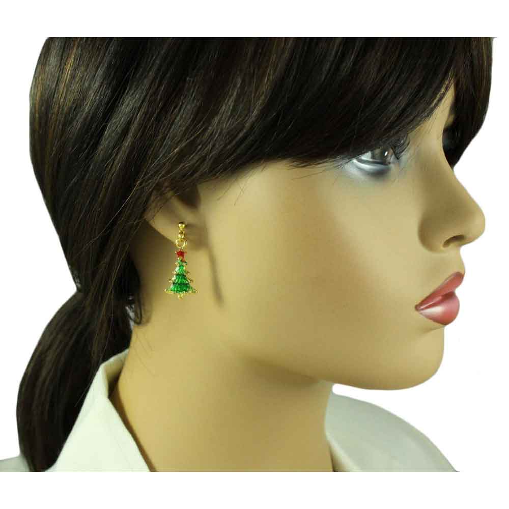 Green Enamel Dangling Christmas Tree Pierced Earring - XE205 - Lilylin Designs