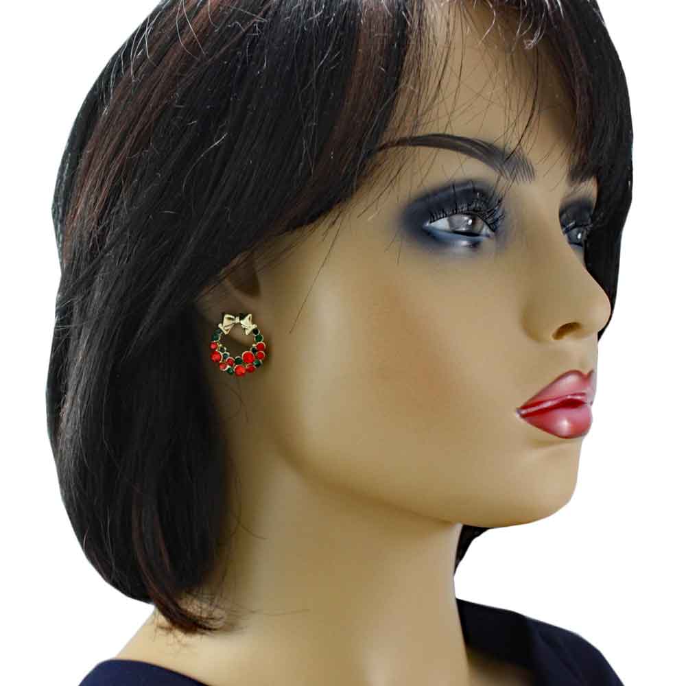Model wearing Red and Green Crystal Christmas Wreath Pierced Earring - Lilylin Designs