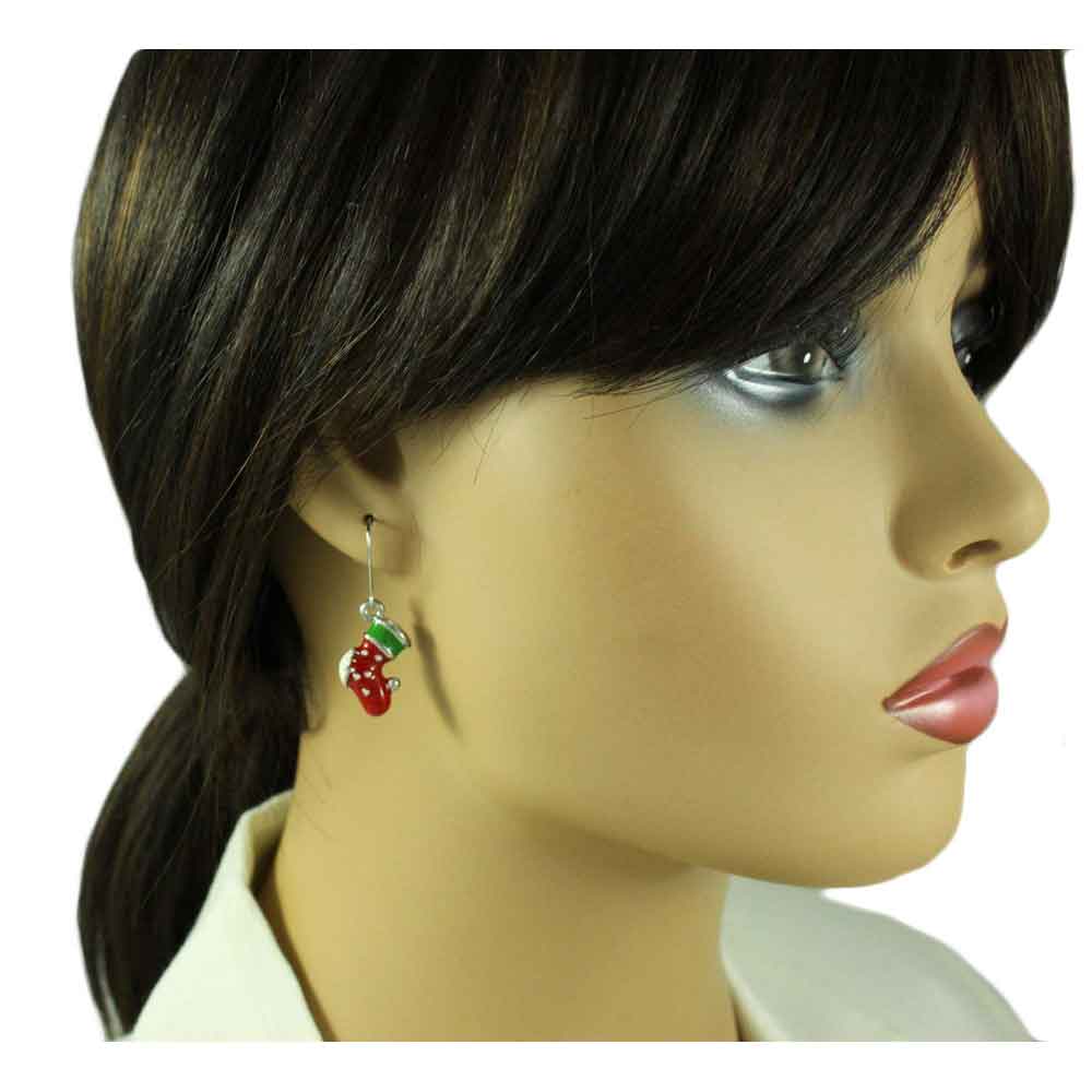 Red White and Green Christmas Stocking Pierced Earring - XE704 - Lilylin Designs