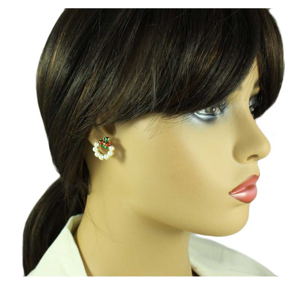 White Christmas Wreath Red and Green Bow Pierced Earring - XE813 - Lilylin Designs
