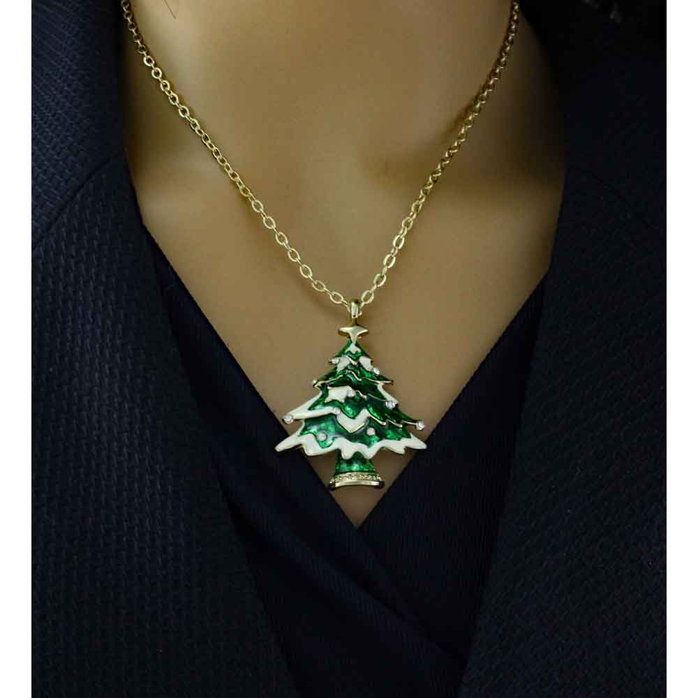 Model wearing Green Christmas Tree Pendant with Gold Chain | Lilylin Designs