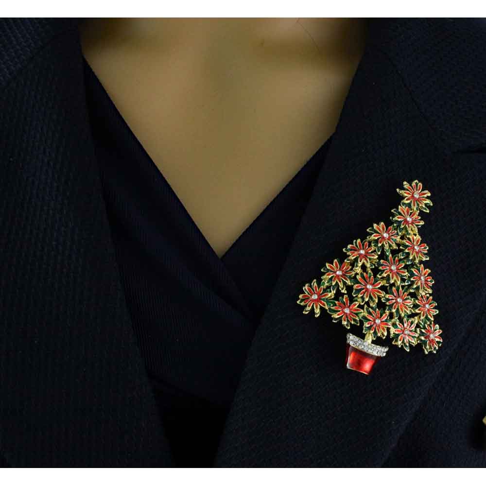 Red and Green Poinsettia Christmas Tree Brooch Pin - XN304P - Lilylin Designs
