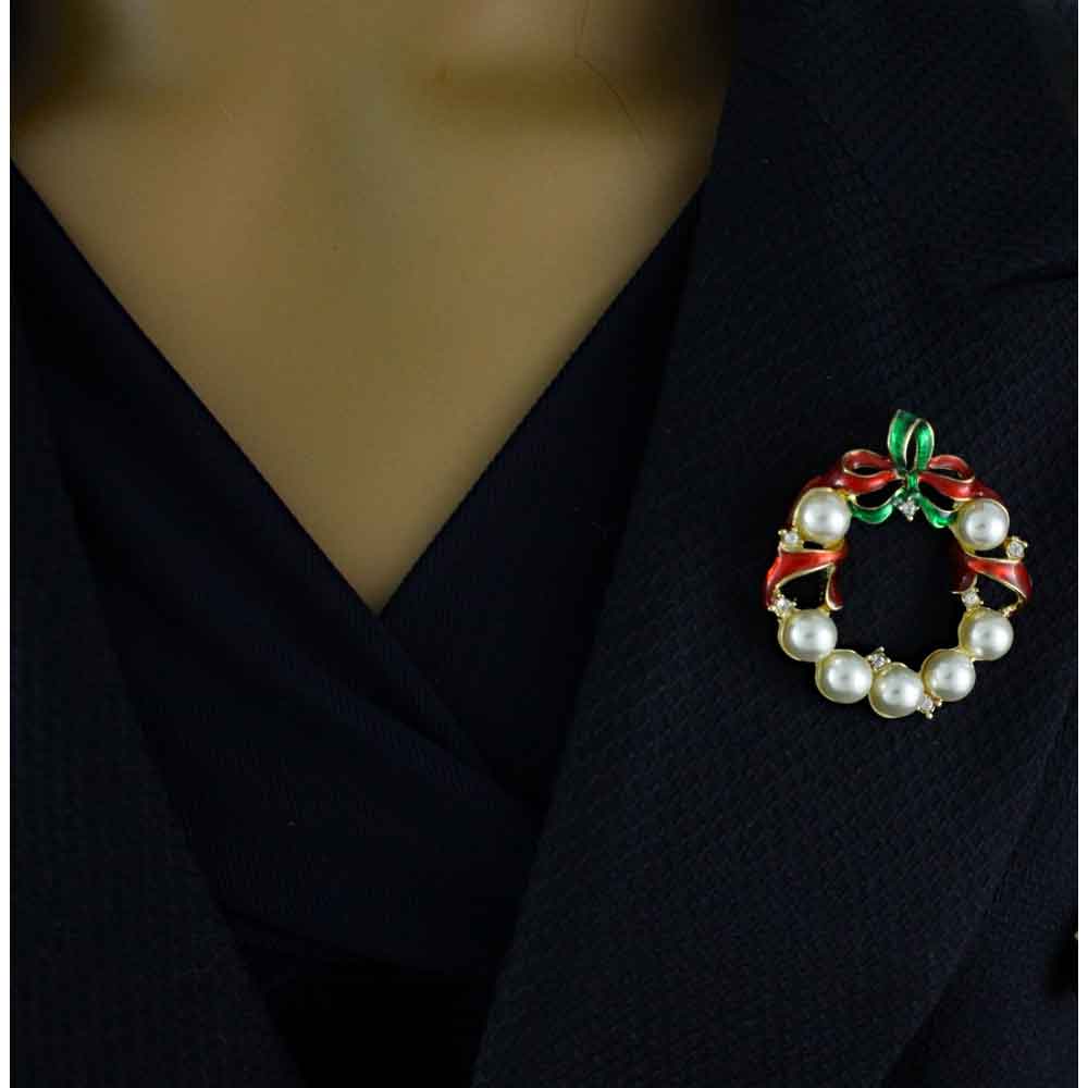Pearl Christmas Wreath Brooch Pin with Red Green Ribbon - XP113 - Lilylin Designs