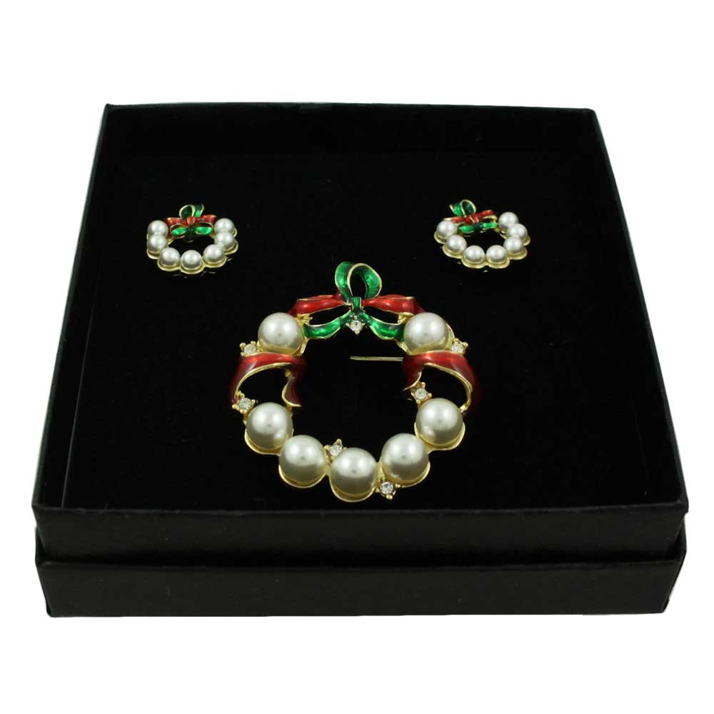 White Pearl Christmas Wreath Brooch and Earring Boxed Jewelry Gift Set - Lilylin Designs