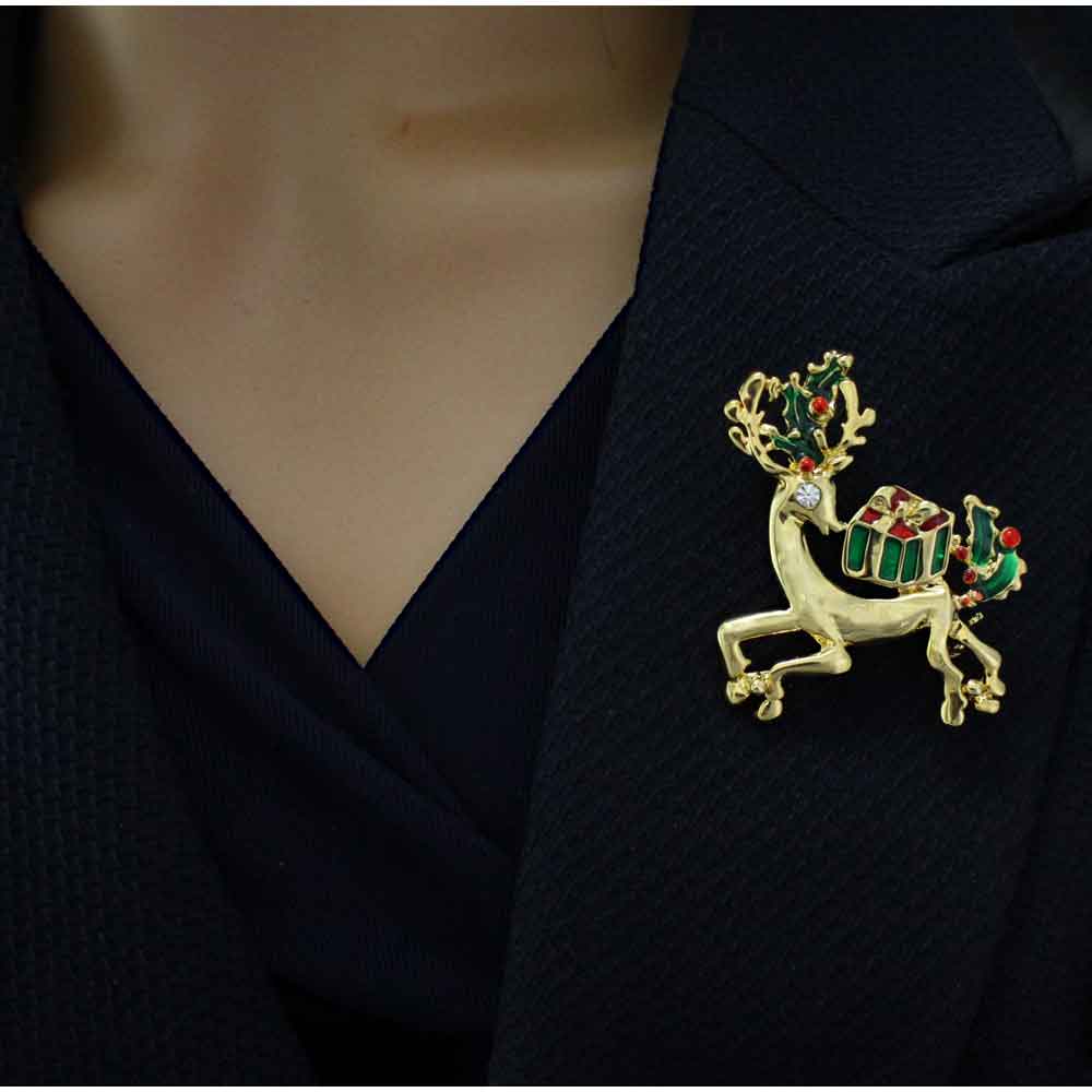 Gold Reindeer with Christmas Presents Brooch Pin - XP130 - Lilylin Designs