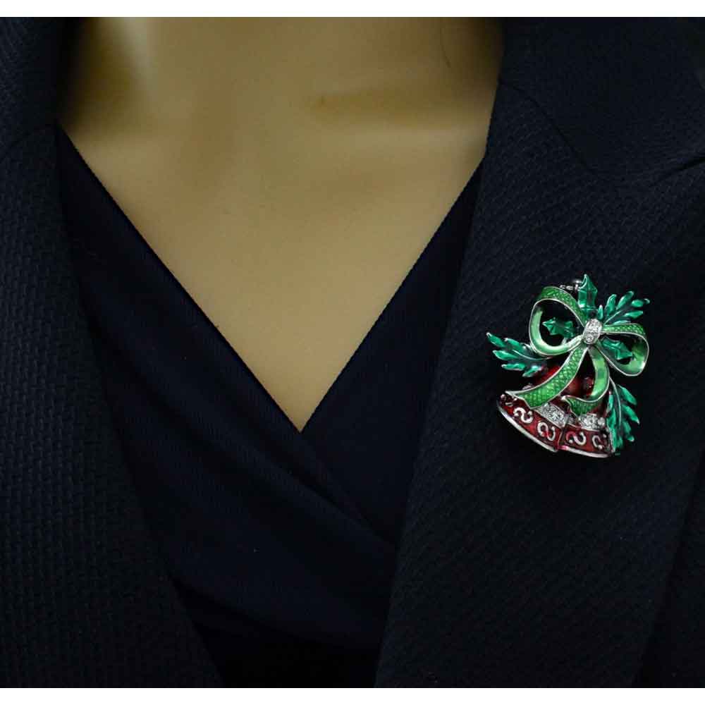 Red Christmas Bells Brooch Pin with Holly and Green Bow - XP133 - Lilylin Designs