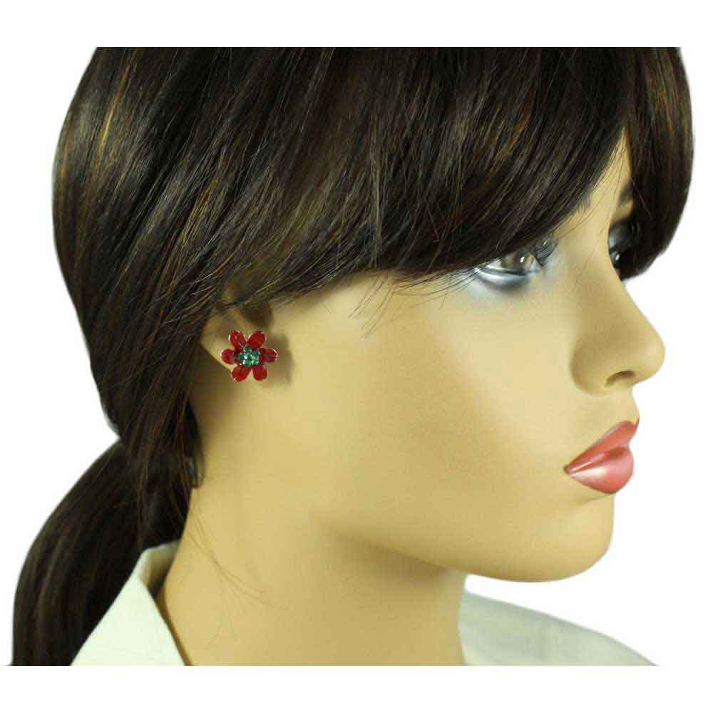 Red and Green Crystal Christmas Flower Pierced Earring - XP137E - Lilylin Designs