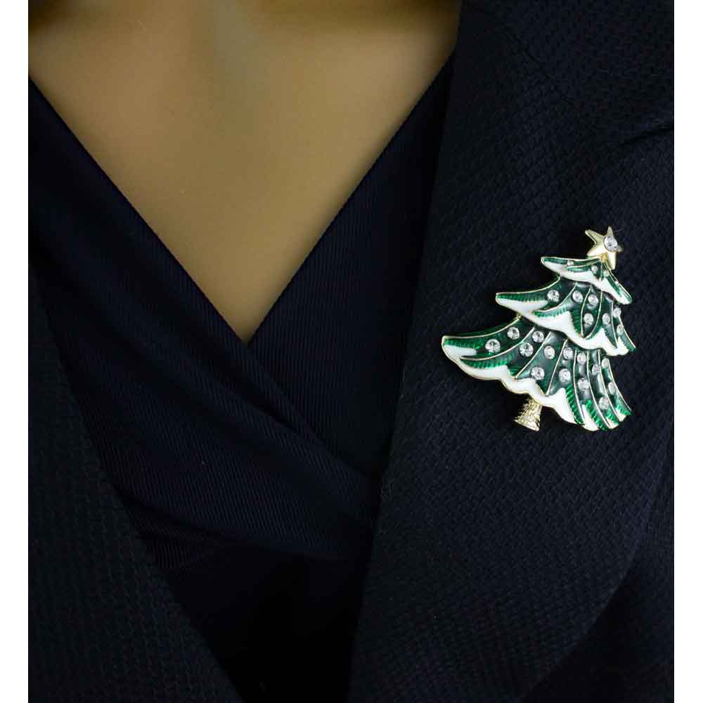 Green and White Crystal Christmas Tree Brooch Pin - XP420 - Lilylin Designs