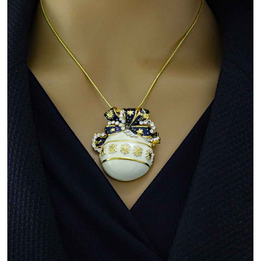 White and Blue Christmas Ornament Pendant on Gold Chain - XP347N - Lilylin Designs