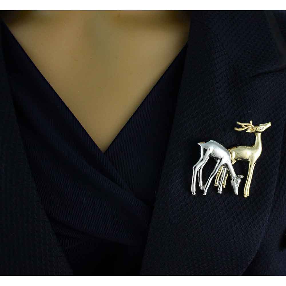 Silver and Gold Pair of Grazing Deer Brooch Pin - XP416 - Lilylin Designs