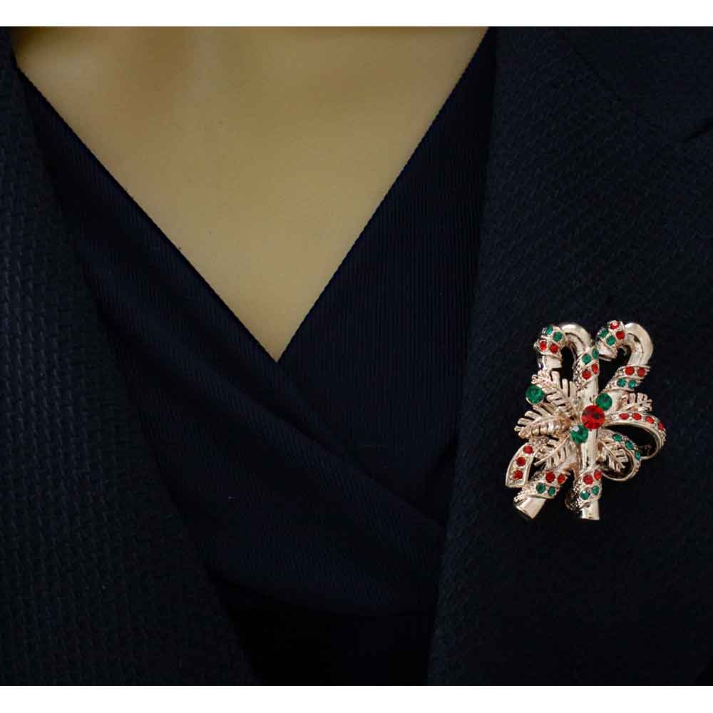 Red and Green Crystal Candy Canes Christmas Brooch Pin - XP504 - Lilylin Designs