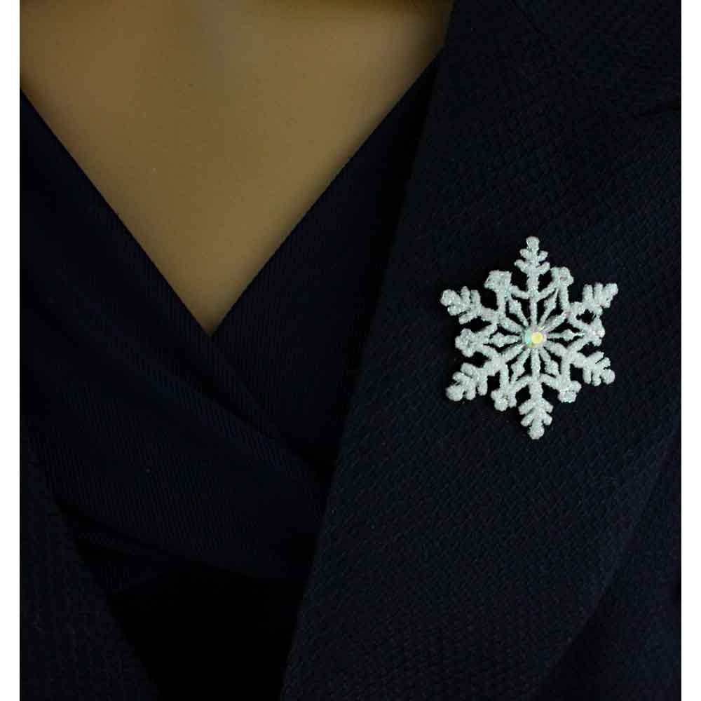 White Glitter Snowflake with Crystal Brooch Pin - XP631 - Lilylin Designs