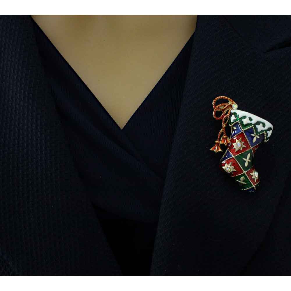 Colorful Enamel Harlequin Christmas Stocking Brooch Pin - XP714 - Lilylin Designs