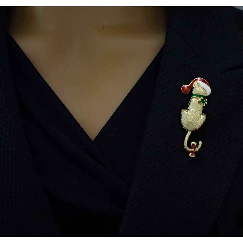 Cat with Red and White Santa Hat Brooch Pin - XP838 - Lilylin Designs