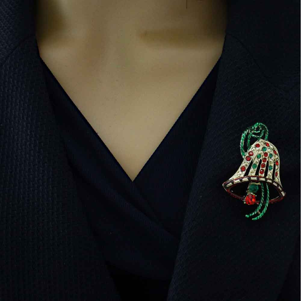 Red and Green Crystal Cut - out Christmas Bell Brooch Pin - XP915 - Lilylin Designs