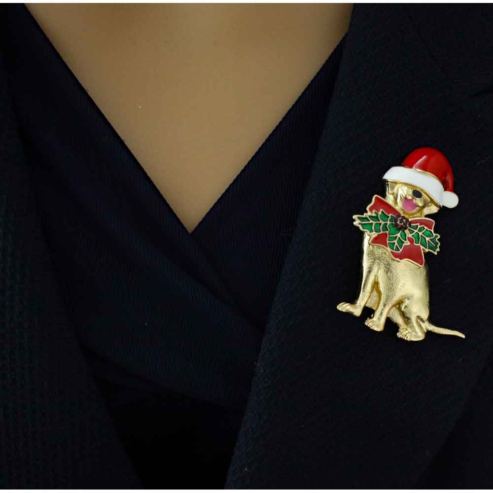 Santa Dog with Large Bow Christmas Brooch Pin - XP938 - Lilylin Designs